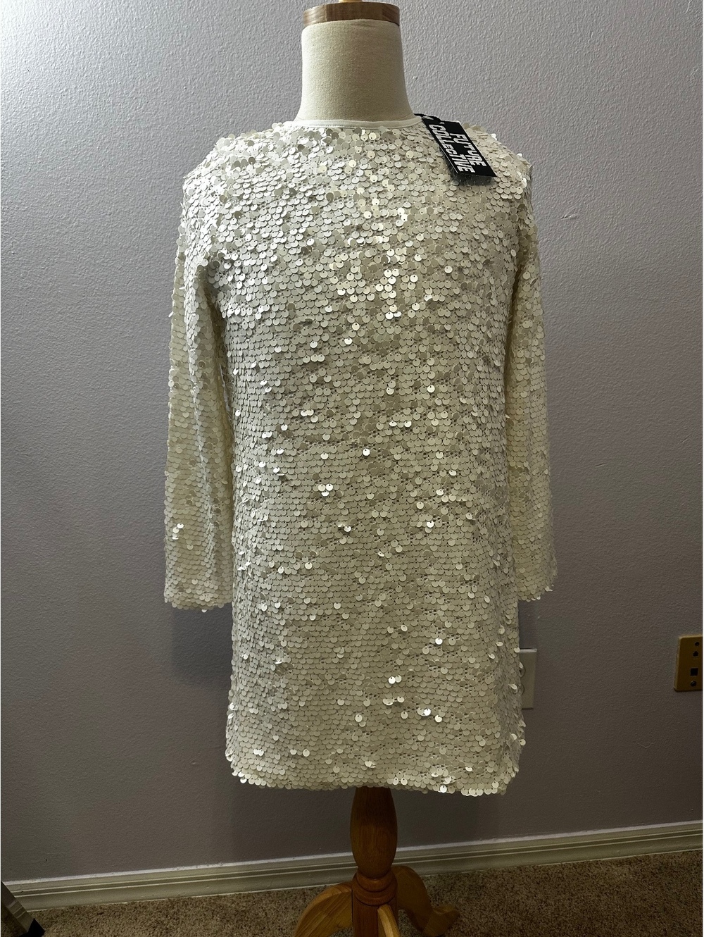 Future Collective White Sequin Long Sleeve Dress, Size Small, New with Tags